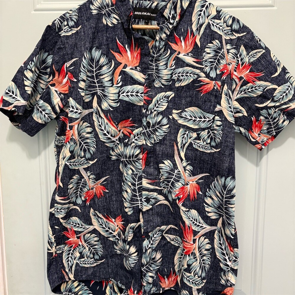 Molokai Surf Co Men's Hawaiian Aloha Shirt Size L Navy Tropical Floral